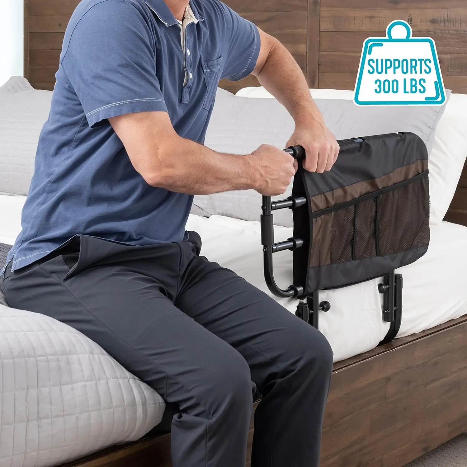 Trilho de cama ajustável Stander, trilho de cama sênior ajustável e barra de apoio de assistência de cama para adultos idosos com bolsa organizadora, preto