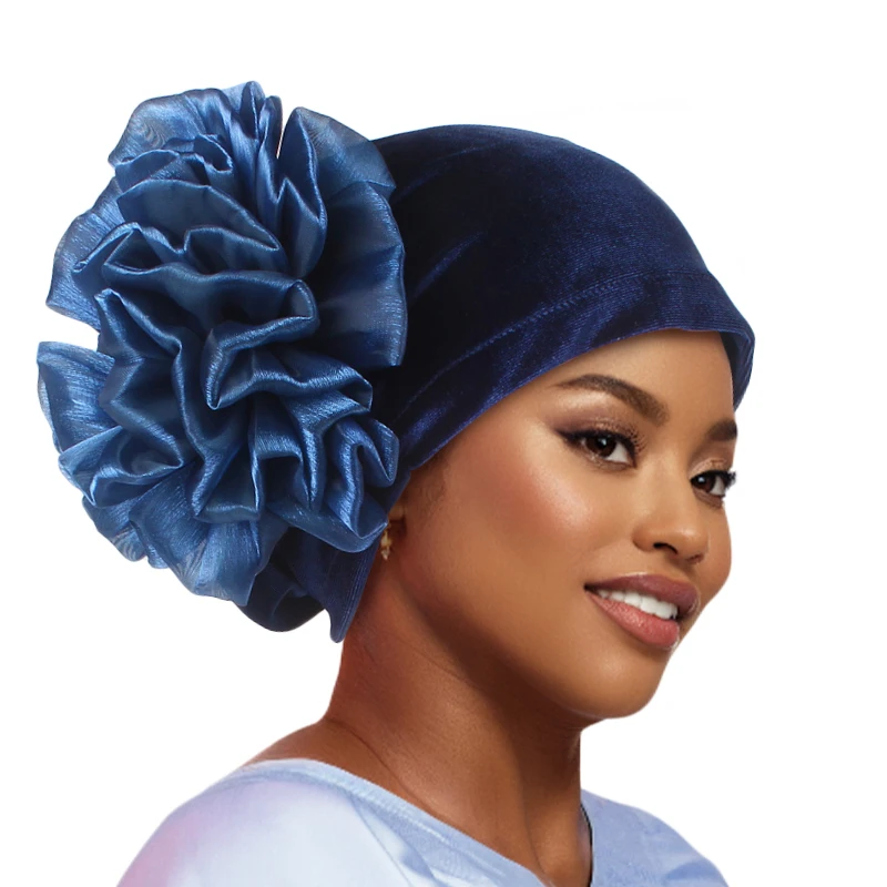 New Woman Big Flower Velvet Turban Elastic Cloth Hair Loss Head Scarf Wrap Muslim Islamic Beanie Cap Turbante hair accessories