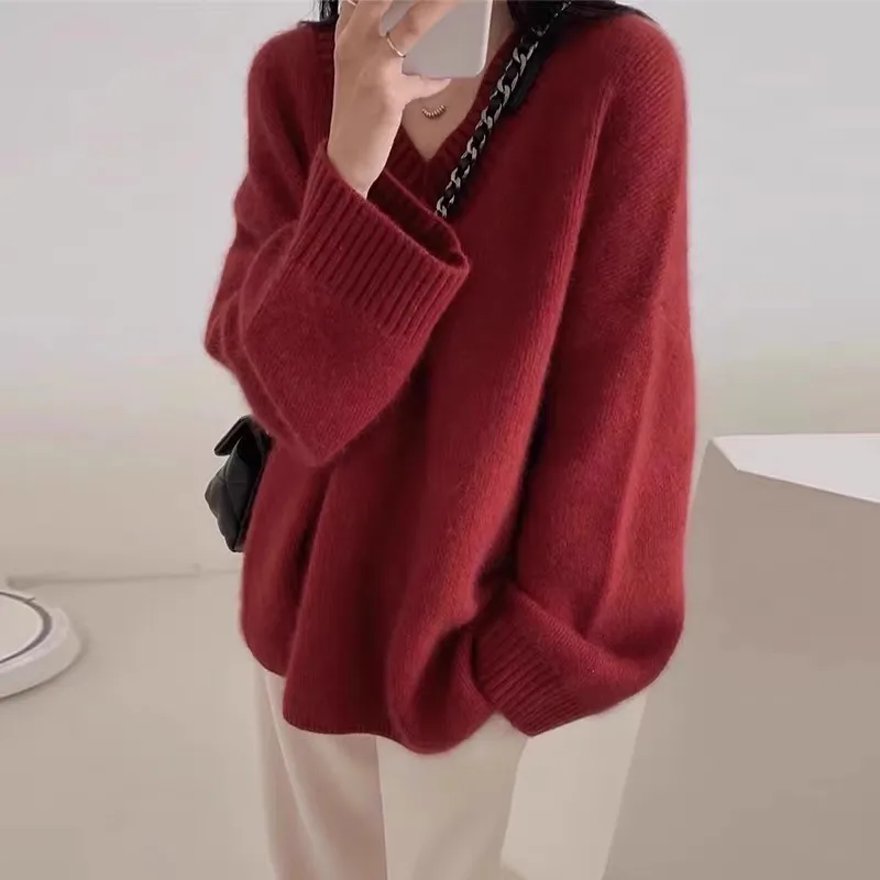 

Пуловер с v-образным вырезом, 100% кашемировый свитер для женщин, осенне-зимний свободный вязаный шерстяной свитер, свитер на утолщенной основе