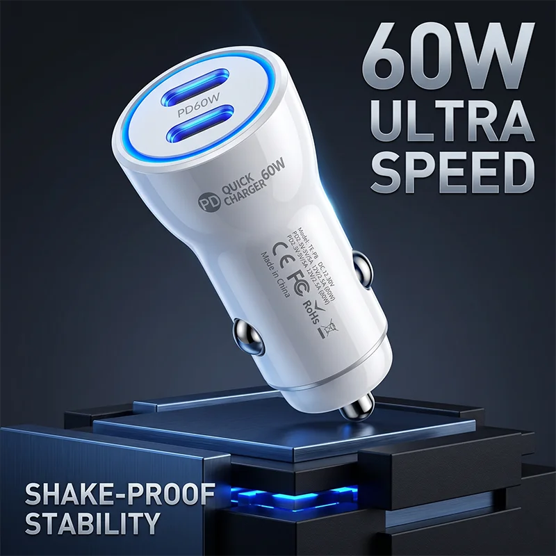 60W Dual USB C Car Charger PD Fast Charging Adapter For iPhone 17 16 15 For Samsung Tablet Dash Cam Stable Power Plug