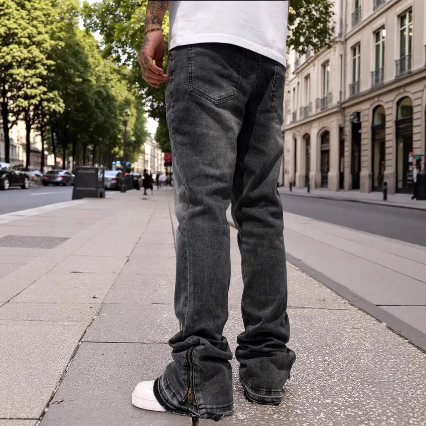 Mens Washed Light Blue Jeans Loose Straight Leg Bell Bottom Pants High Street Fashion Casual Trousers view 4