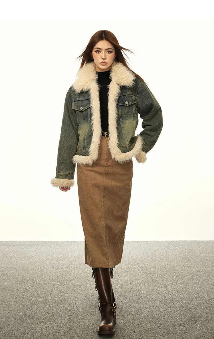 

Denim Coats Long Fur Plush Womens Autumn-End Early Winter Boxy Fit Relaxed Preppy Style Urban Social Gathering Anti-Wrinkle Chic