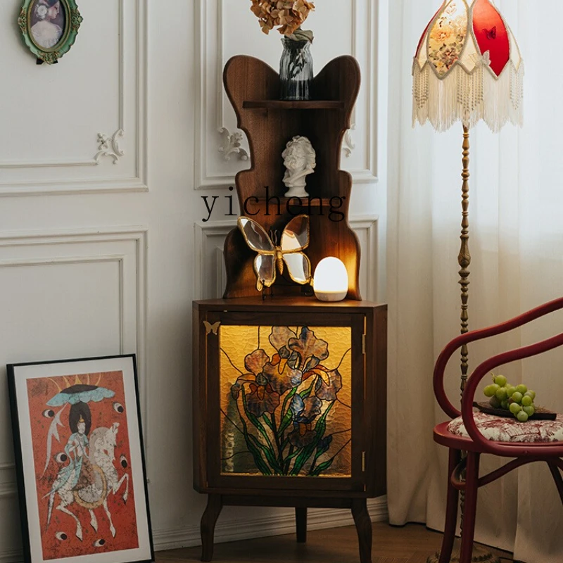 

ZK corner cabinet black walnut solid wood retro storage cabinet living room corner corner triangular cabinet