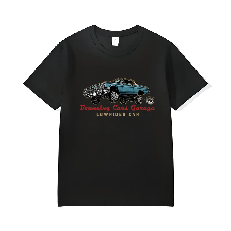 Men's Lowrider Car Print T-shirt, Bouncing Cars Garage Graphic Casual Streetwear Short Sleeve Cotton Tops for Daily WX124