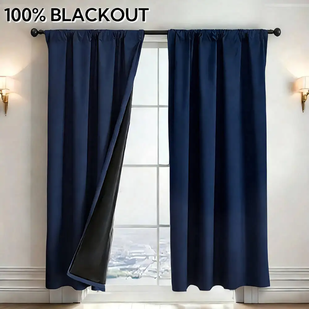 1pc 100% Blackout Curtain with Black Backing Multi-Color Thermal Insulated Rod Pocket Drapes for Bedroom Living Room Home Decor