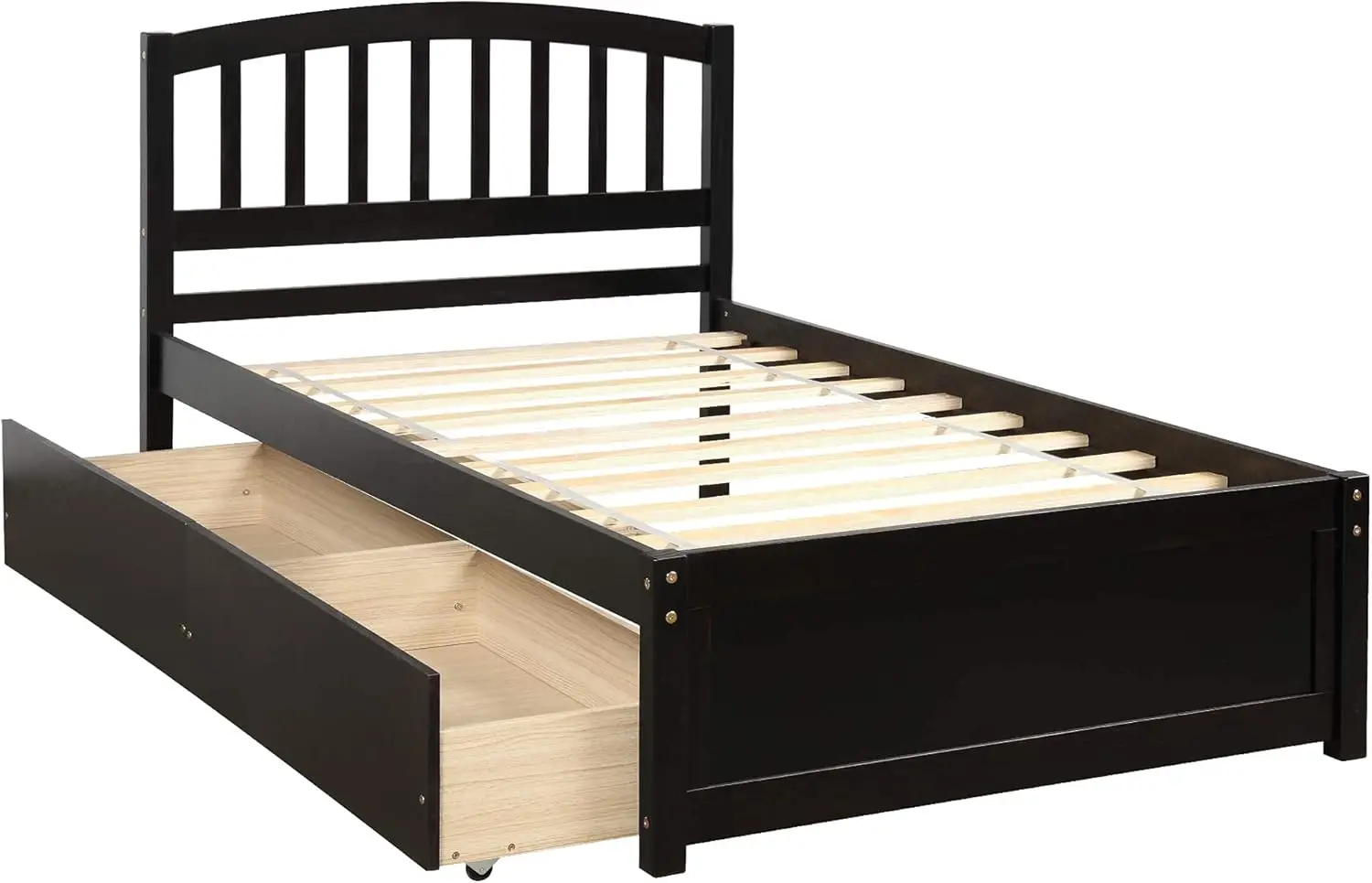 Twin Storage Bed Frame, Wood Platform Bed With Two Drawers And Headboard, Espresso
