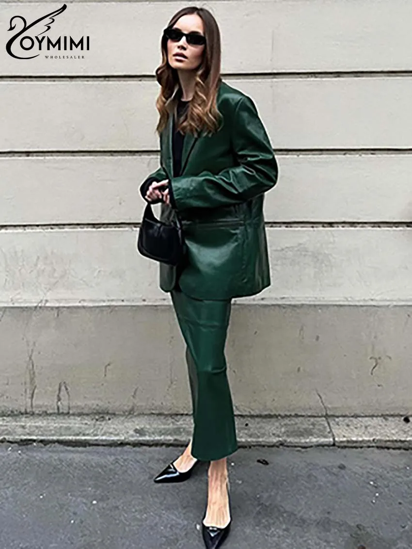 

Oymimi Fashion Green Pu Leather 2 Piece Sets Women Outfit Elegant Long Sleeve Button Blazers + Straight Ankle-Length Skirts Sets