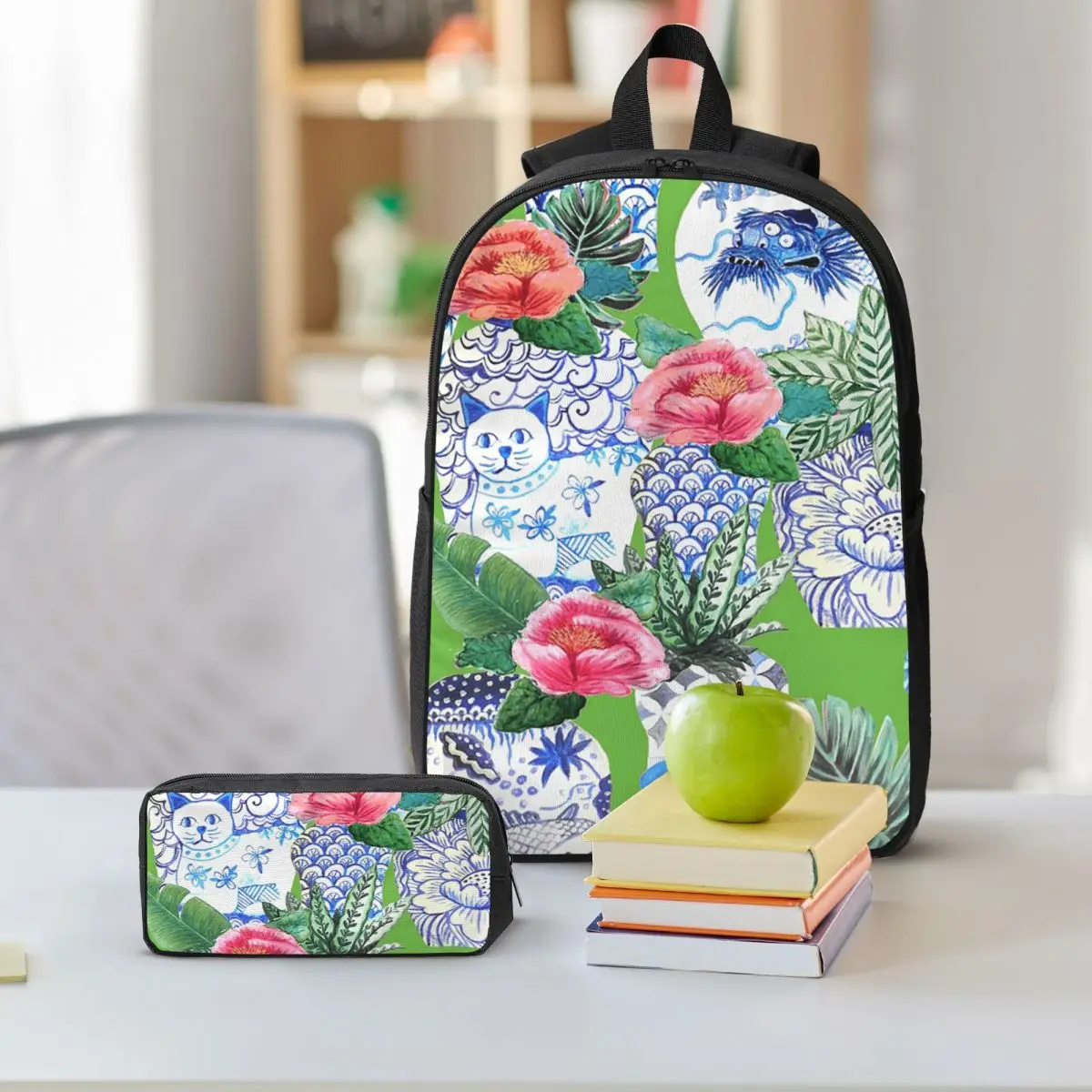 Blue And White, Emerald Green Chinoiserie Backpack BookBag School Bag Computer Shoulder Bags 3ps Insulated Lunch Bag Pencil Case