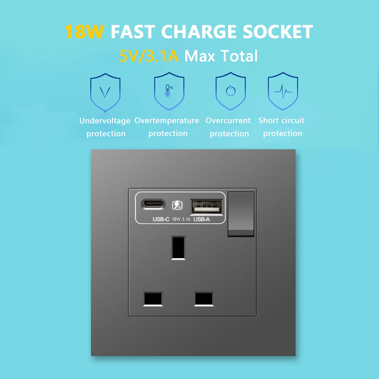 UK 13A Wall Socket with USB Type C 18W Quick Charge Plug Socket,Britain Standard DC 5V 3.1A Type-c Wall Electrical power outlet