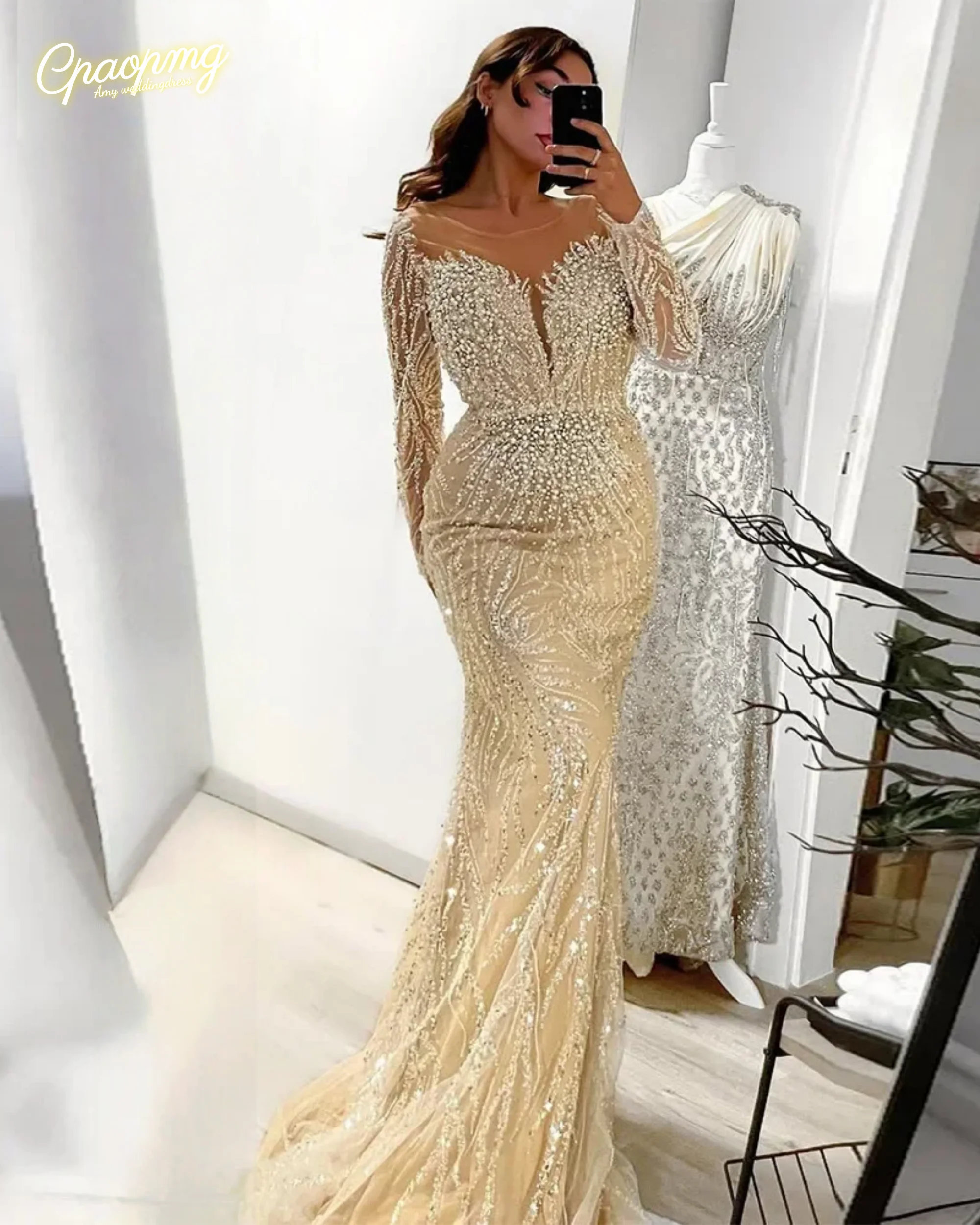 

Customized Sparkling Mermaid Evening Dresses V Neck Long Sleeves Beading Sweep Train Pearls Robe De Soiree Prom Party Gown