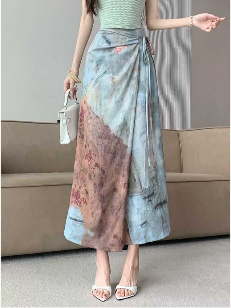 SMTHMA Nieuwe Chinese Stijl Tie Dye Hoge Taille Rok Dames Zomer Tie Ontwerp Afslankende Mid Lengte Rok