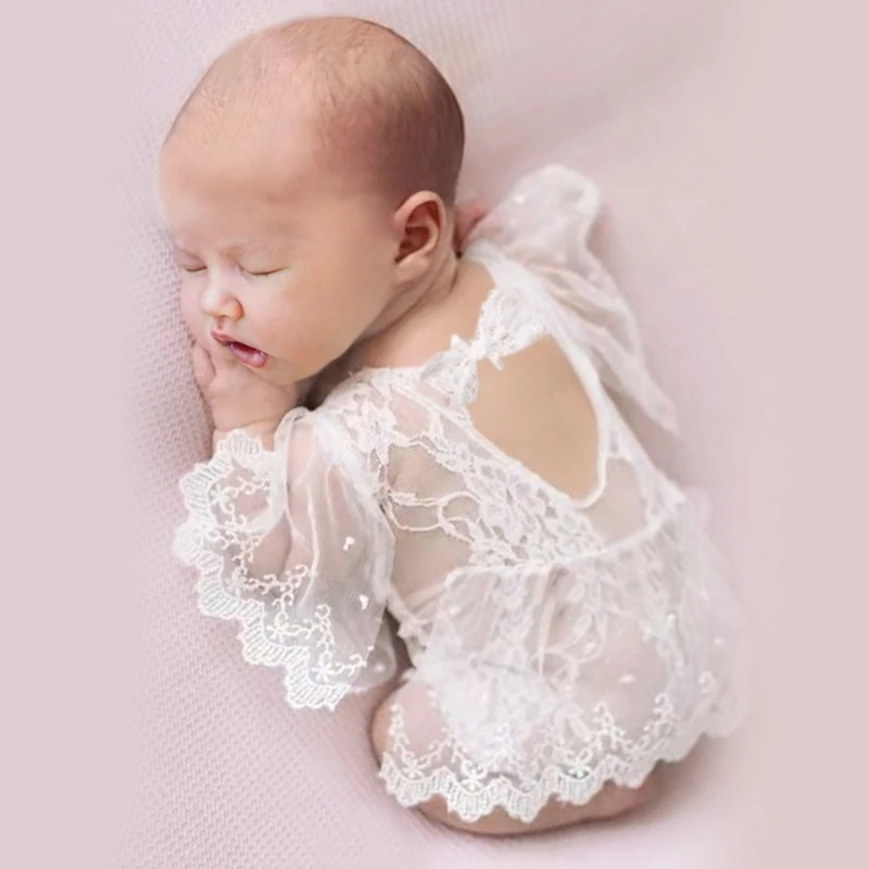 Lace Jumpsuit and Flower Hairband Set Newborn Photo Props Baby Photography Clothes Professional Photostudio Accessories