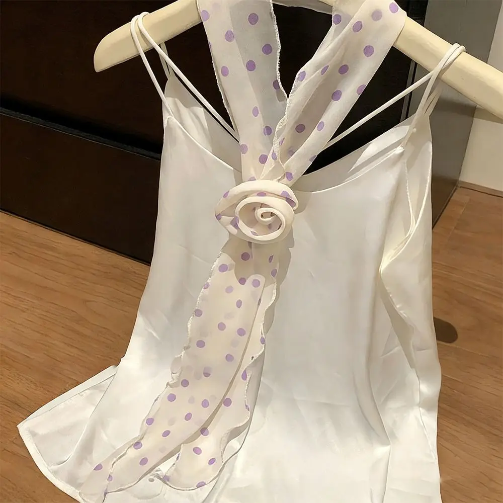 New Detachable Chiffon Long Scarf Versatile Thin Polka Dots Floral Scarf Shawl Elegant Rose Decor Neck Scarf Women Girls Gifts