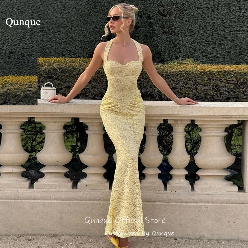Qunque Yellow Lace Evening Dress Halter Sweetheart Neck Appliques Vestido Festa Vintage Vestidos Elegantes Para Mujer Customized