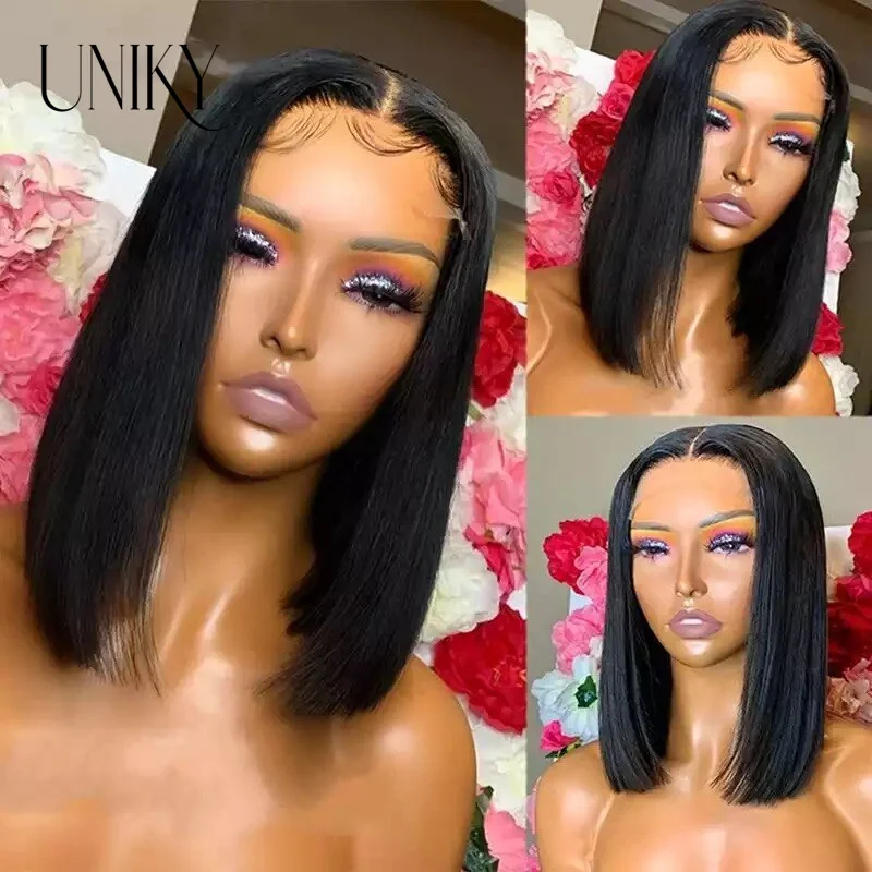 Perruque Bob Lace Front Wig Brésilienne Naturelle, Cheveux Lisses, 6x4, 13x4, Sans Colle, pour Femme Africaine