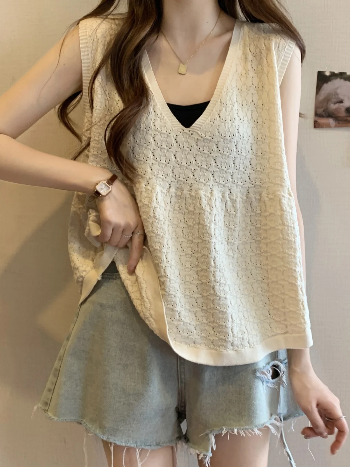 

Summer New Women's V-ne Svel Vest Doll irt ort Cover-up Slimming Top Korean Sle Knitted Regular Fit Plain Color