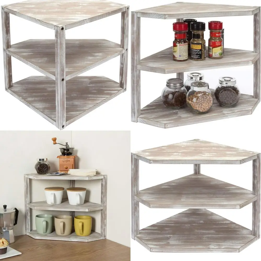 

Solid Wooden 3-Tier Corner Shelf for Kitchen, Rustic Brown Washed, Storage Organizer with Spice Rack