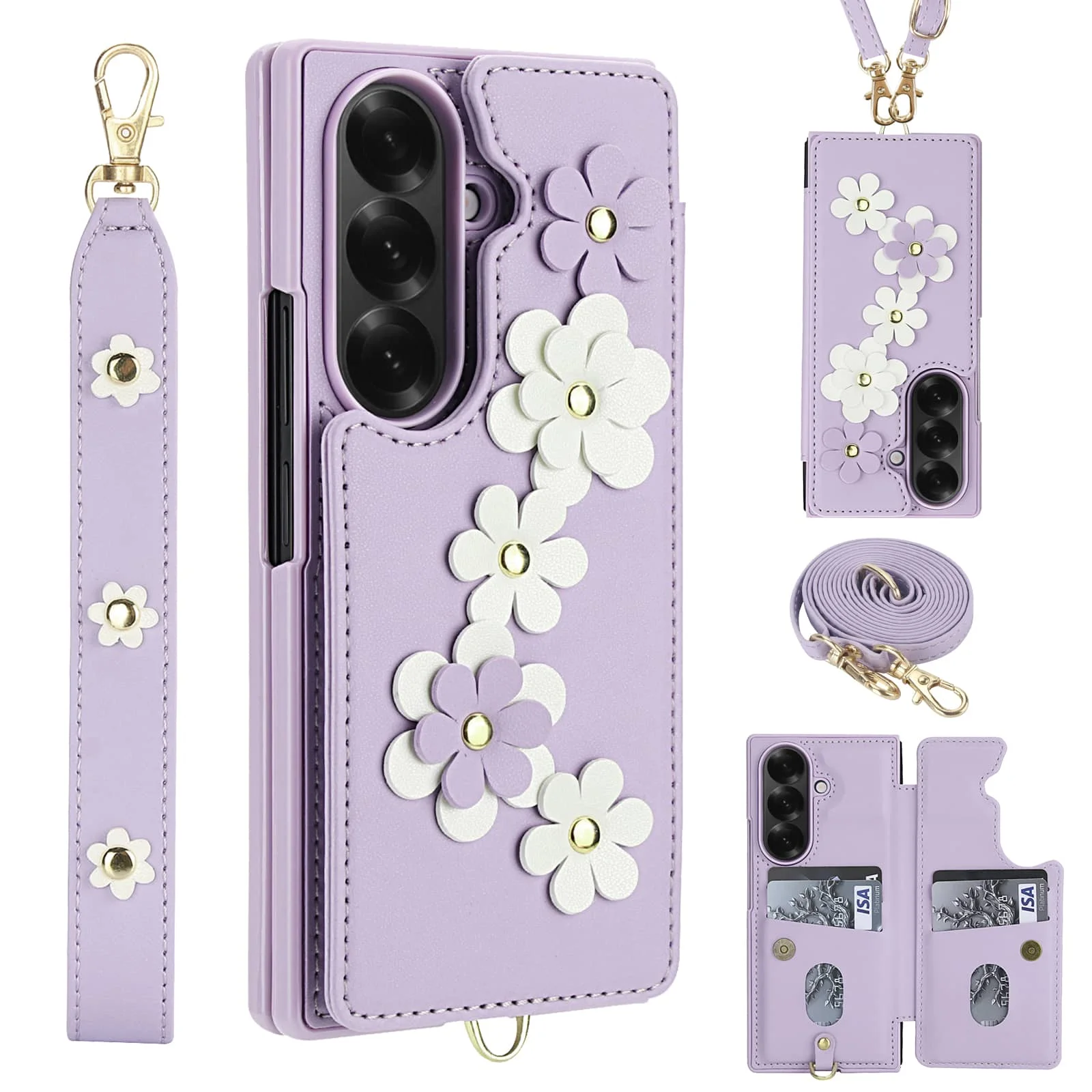 

Чехол для Samsung Galaxy Z Fold 7, 6, 5, 4, кошелек с держателем для карт, кошелек через плечо с милым цветочным дизайном, противоударная магнитная подставка