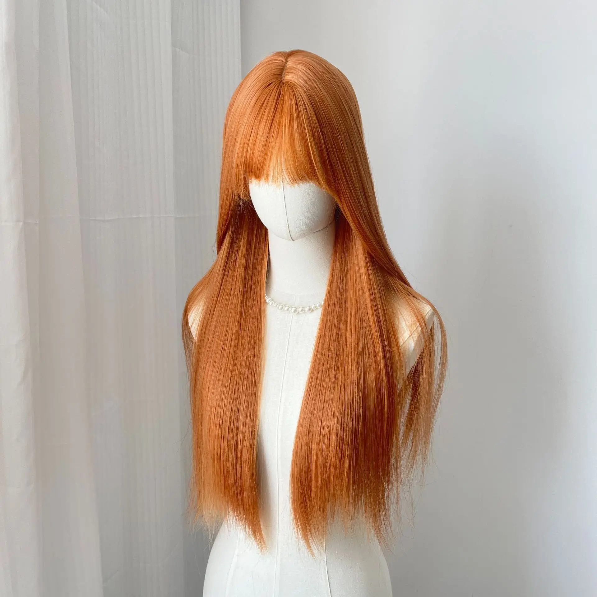 

Wig female long hair Qi bangs long straight hair natural white orange simulation fashion full headgear