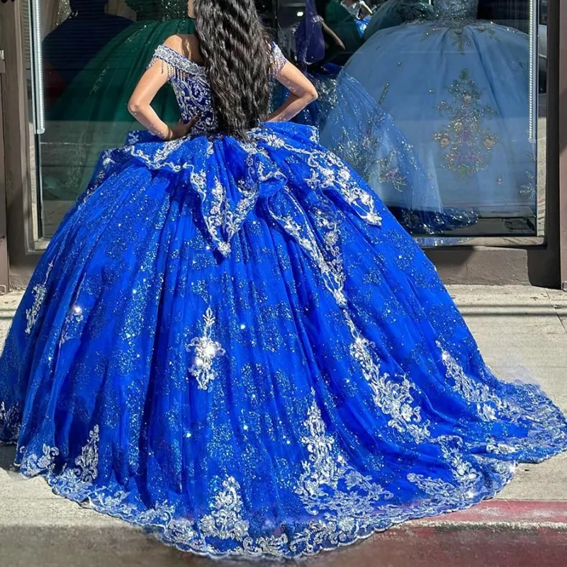 

Saudi Arabic Blue Mexica Quinceanera Dresses V Neck Lace Applique Corset Puffy Skirt Sweet 16 15 Year Girl Party Prom Dress