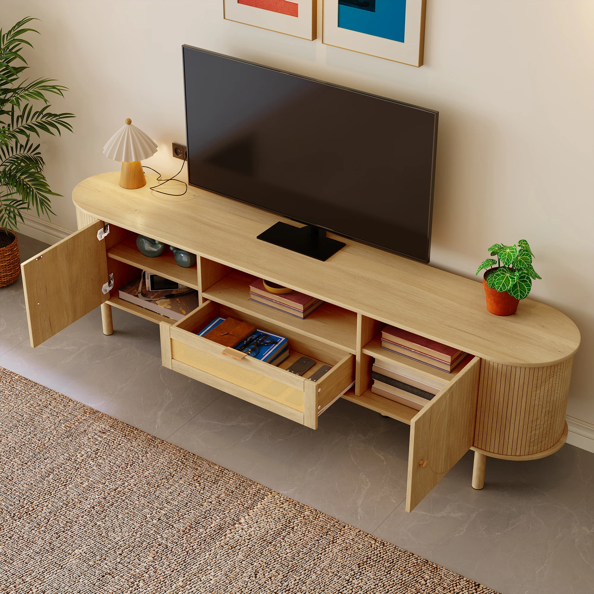 PINGGO Moderner TV-Schrank mit Rattanschublade, offenen Regalen, runder Tischplatte, Metallbeinen, Holzoptik, 175x36x41 cm – Detail 6