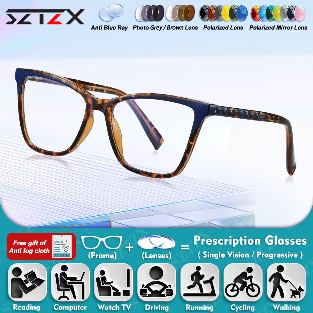 

SZTZX New Fashion Women Cat Eye Myopia Prescription Glasses High Quality Retro Anti Blue Ray Photochromic Progressive Eyeglasses