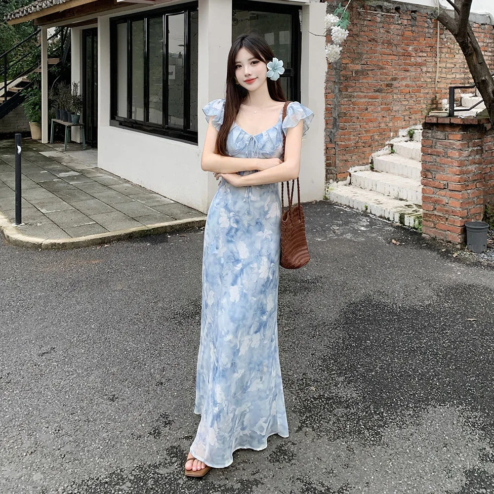 Women's Floral Print Ruffle Sleeve Maxi Dress 2026 New V Neck Sexy Chic Dresses Y2K Flowy Chiffon Casual Bohemia Dress Summer