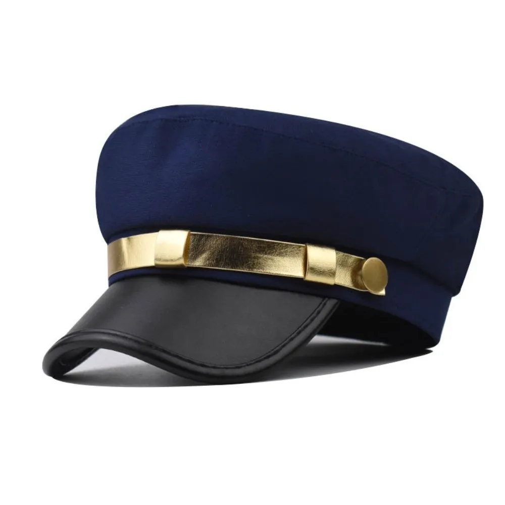 Vintage PU Leather Captain Hat Cotton Gold Band Sailor Cap Flat Top Streetwear Flat Top Beret For Men Women