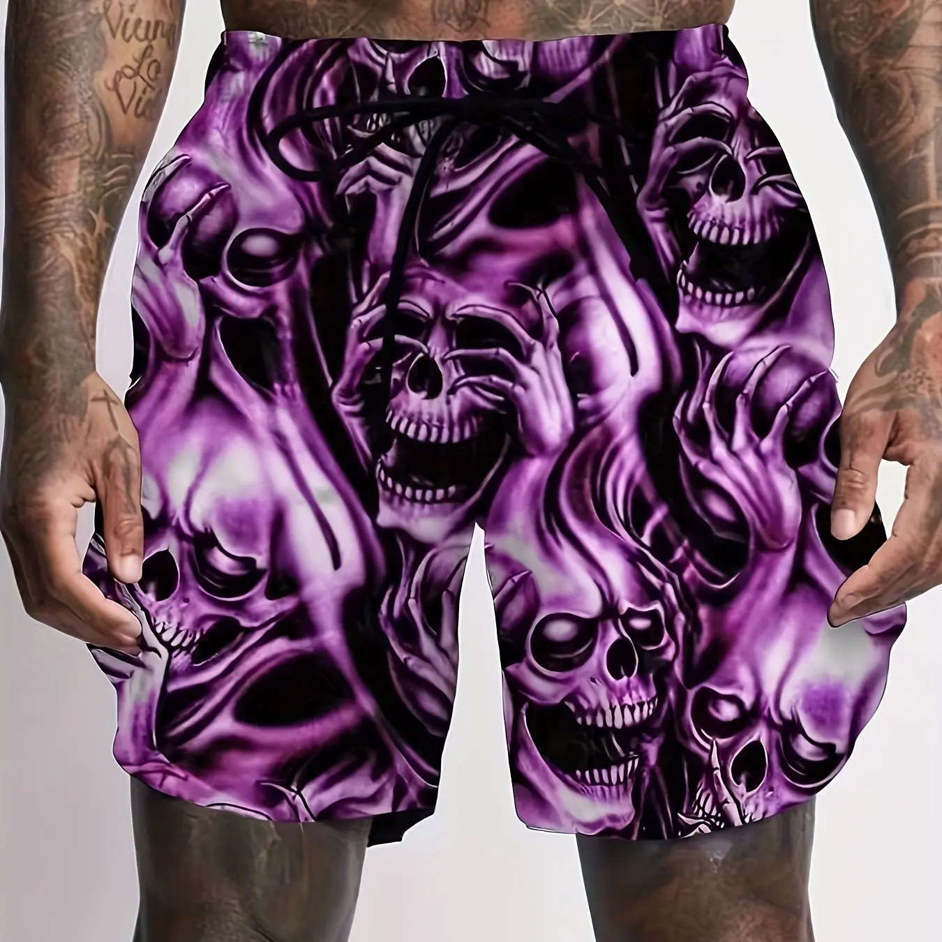 Men\'s Skull 3D Pattern Comfy Shorts Oversized Casual Elastic Waist Drawstring Shorts for Summer Beach And Basketball Sport Short