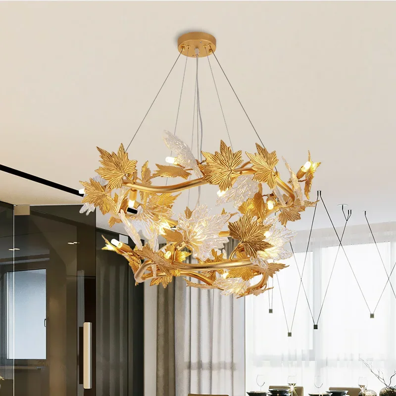 Maple Leaf Art Led Chandeliers Hanging Pendant Lighting Modern French Country Lustre Crystal Suspension Rustic Bar Decor Lamps