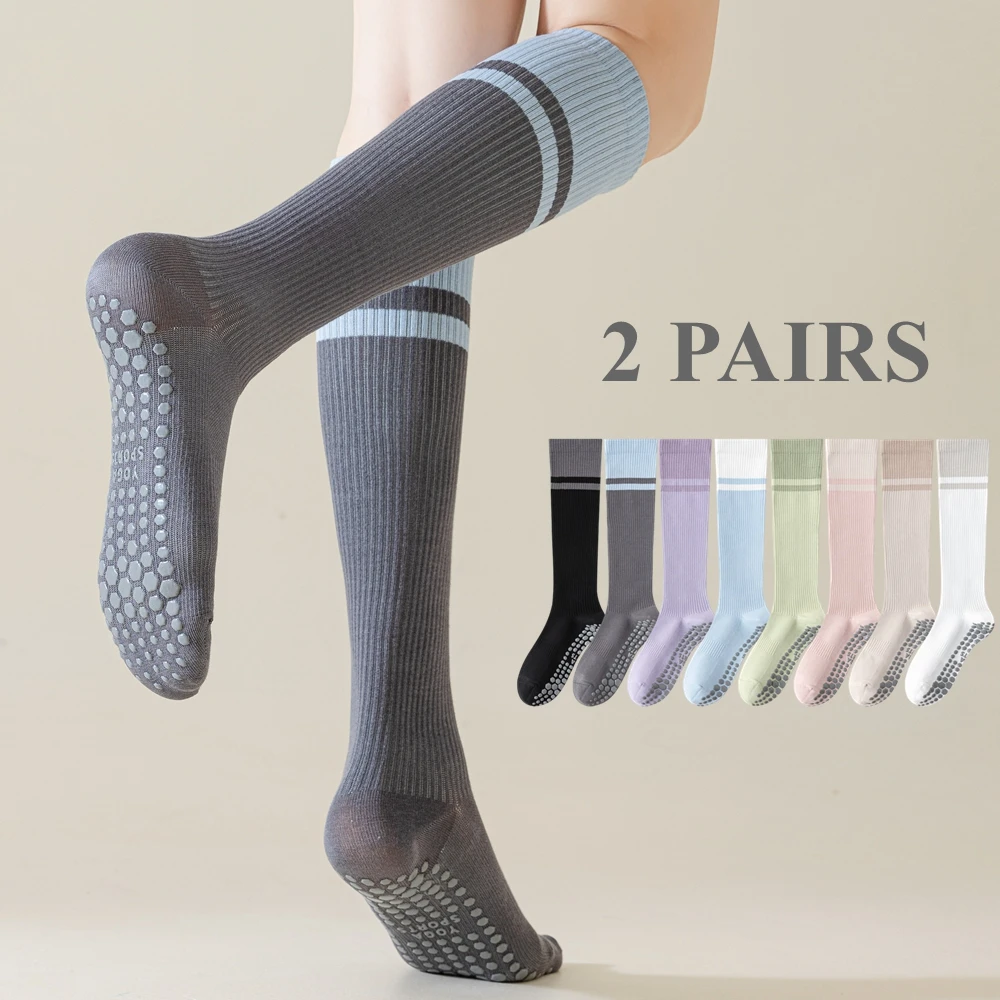 2 Pairs Grip Pilates Socks Women Non-slip Yoga Fitness Calf Compression Socks High Quality Cotton Running Sports Socks Ladies