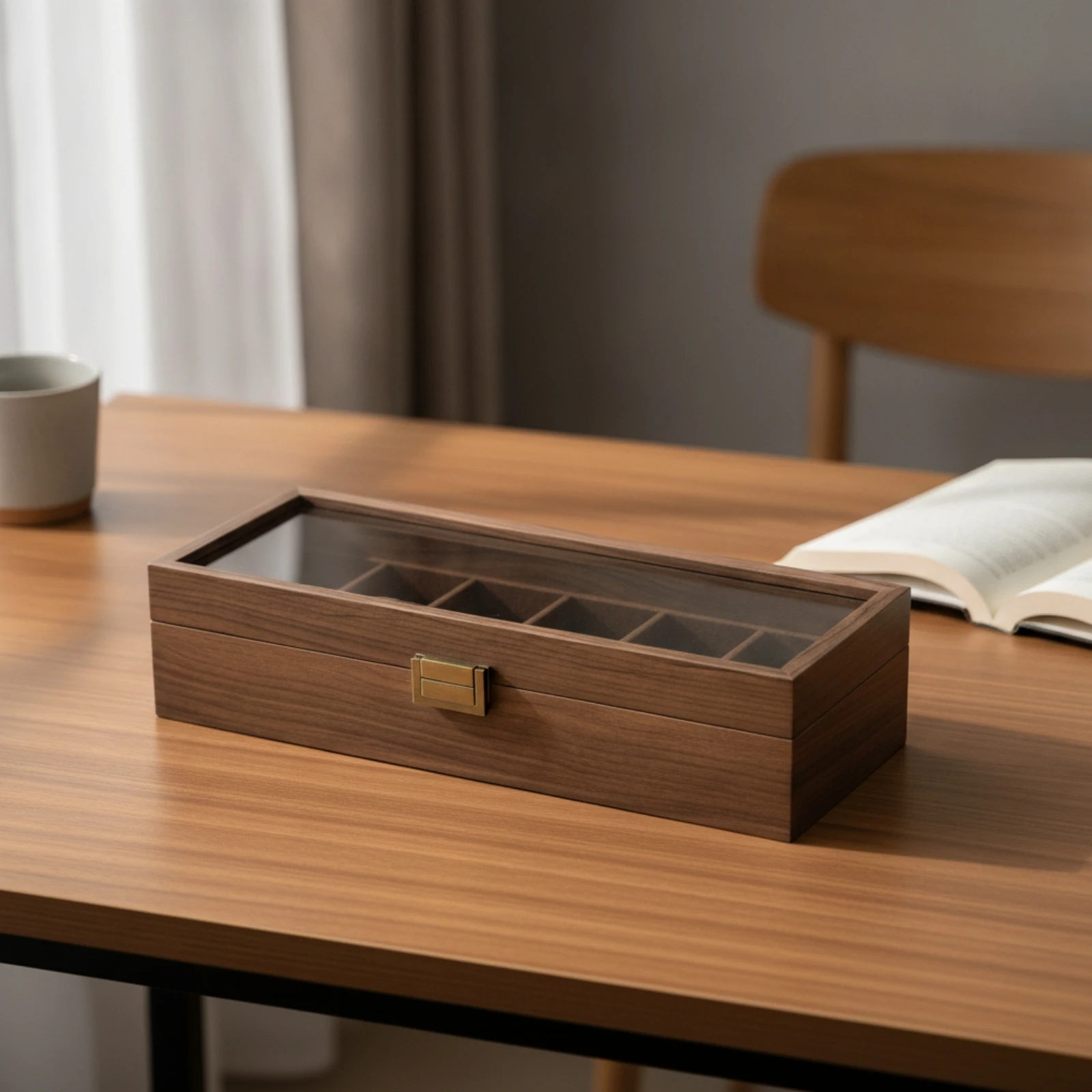 Watch Storage Box with Glass Lid Wooden Watch Box with Glass Lid Walnut Rectangular for Collectors, Dresser, Shelf