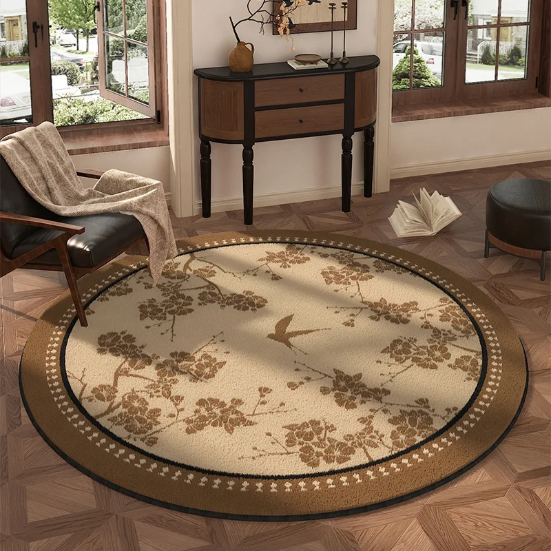 Rustic Flying Bird Floral Pattern Round Rug Vintage Botanical Branches Area Carpet