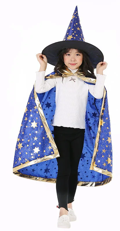 Kids Halloween Masquerade Costume Wizard Witch Cloak Cape Robe with Hat Children Stage Show Clothing Halloween Party Cosplay