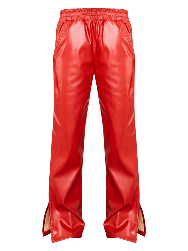 Red Matte Leather Straight Pants Women High Waist Drawstring Elastic Waistband Trousers Casual PU Cargo Pants Hem Split Custom