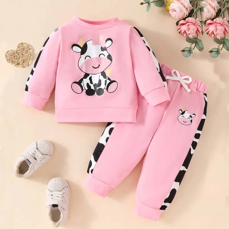 Roupas de bebê para crianças Meninas Conjunto de 2 peças Casual Terno bonito Bloco de cores de vaca Manga longa Top Calça Outono Infantil Roupas de 1 a 3 anos