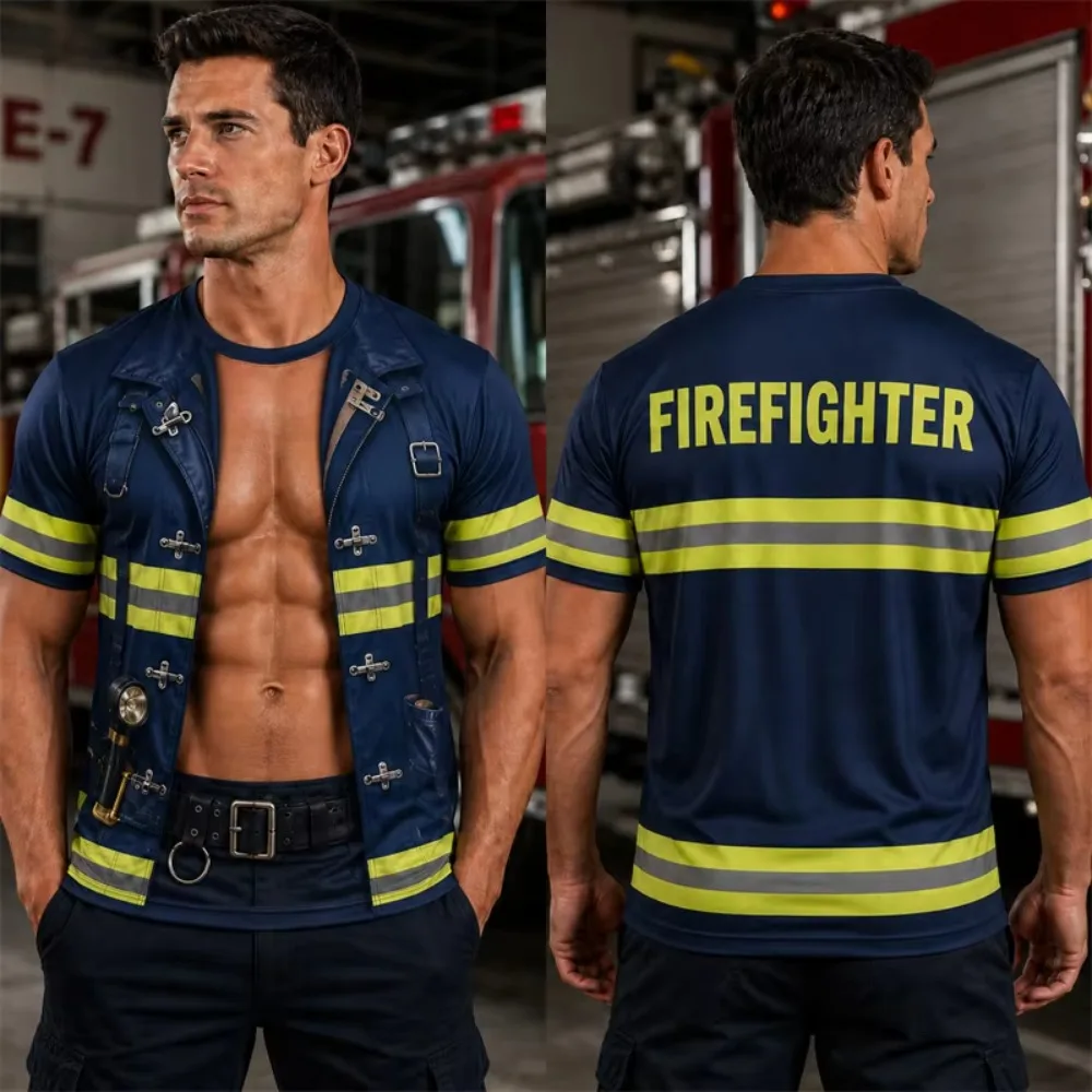 Firefighter Uniform with Funny Fake Abdominal Muscles Pattern 3D Print Men's Large-size -shirt Casual Party Role-playing T-shirt