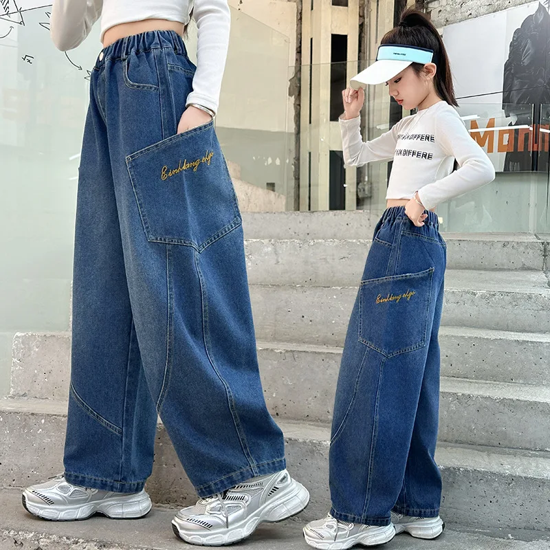 Girls' Wide Leg Jeans 2025 New Spring Autumn Children's Loose Trousers Casual Pocket Pants Big Kids Denim Bend Knife Long Pants