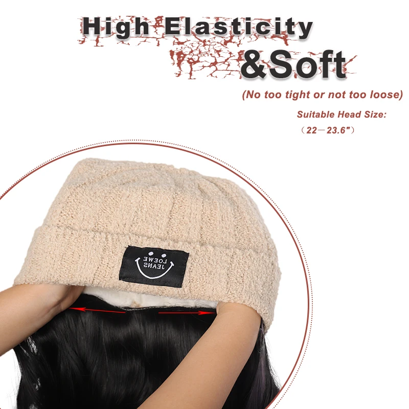 모자 가발, 모자 가발 긴 웨이브 곱슬 베이지색 모자, 인조 모피 가발 모자, 18인치 합성 헤어피스 포함, 겨울에 적합