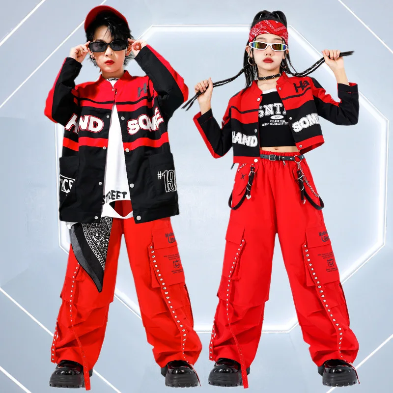 

Kid Hip Hop Clothing Red Motorcycle Crop Jacket Casual Rivet Cargo Pants Skirt for Girl Boy Jazz Dance Costume Clothes Outfits