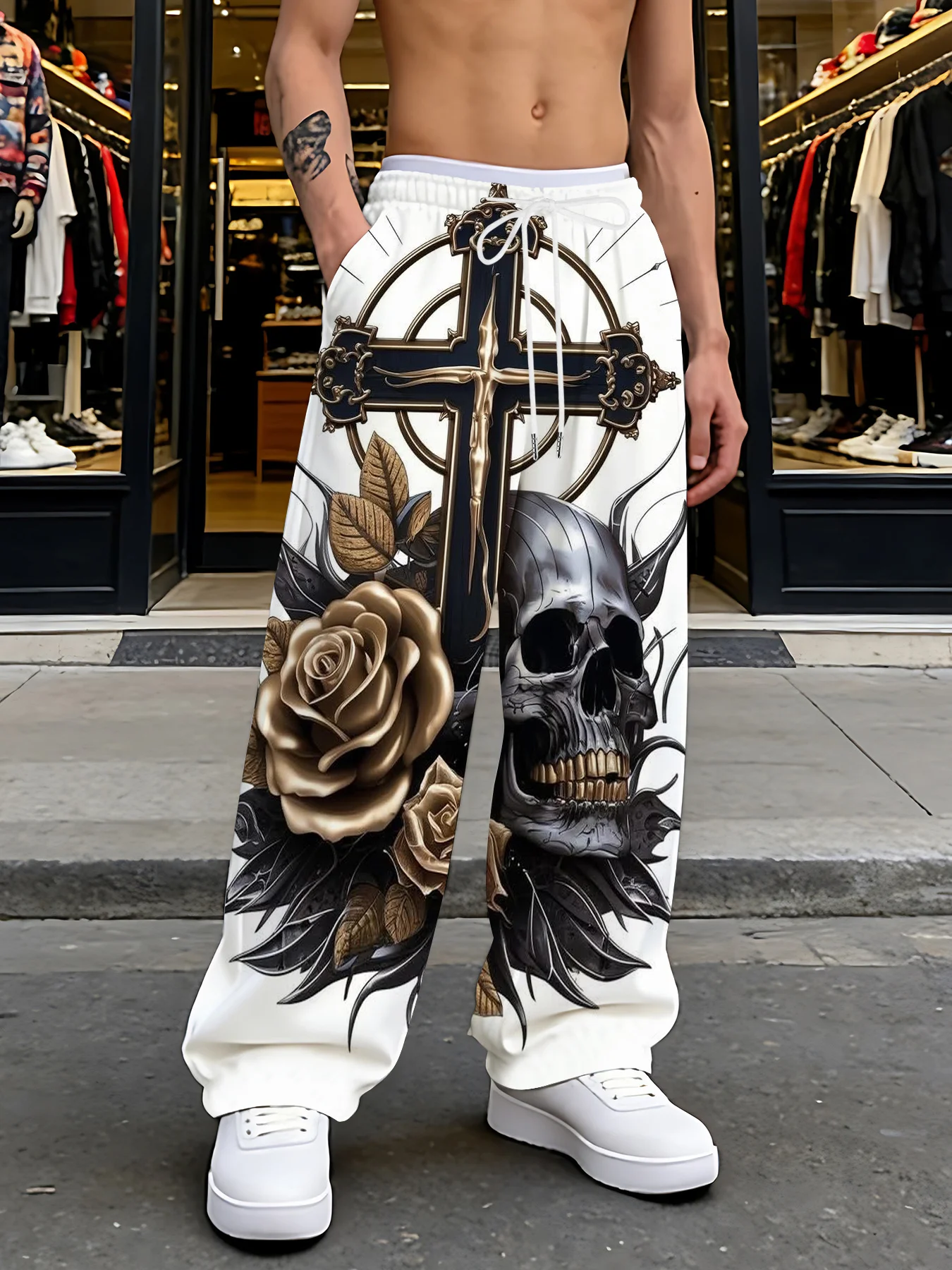Unisex Straight-Leg Jogginghose mit Gothic-Kreuz-Tribal-Print, Y2K Punk Hip Hop Streetwear, Alltags-Outdoor-Modehose – Detail 13