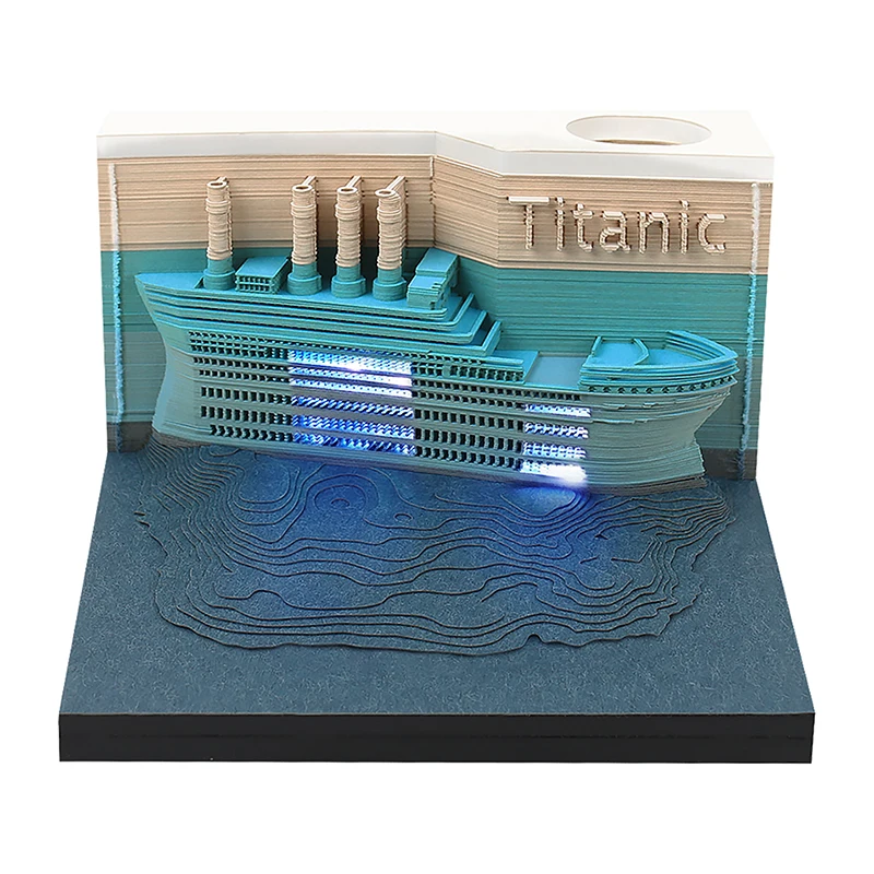 3D Ocean Liner Desk Calendar com Luzes LED, Memo Pad Criativo, Notas DIY, Notepad, Papel de Arte, 2025