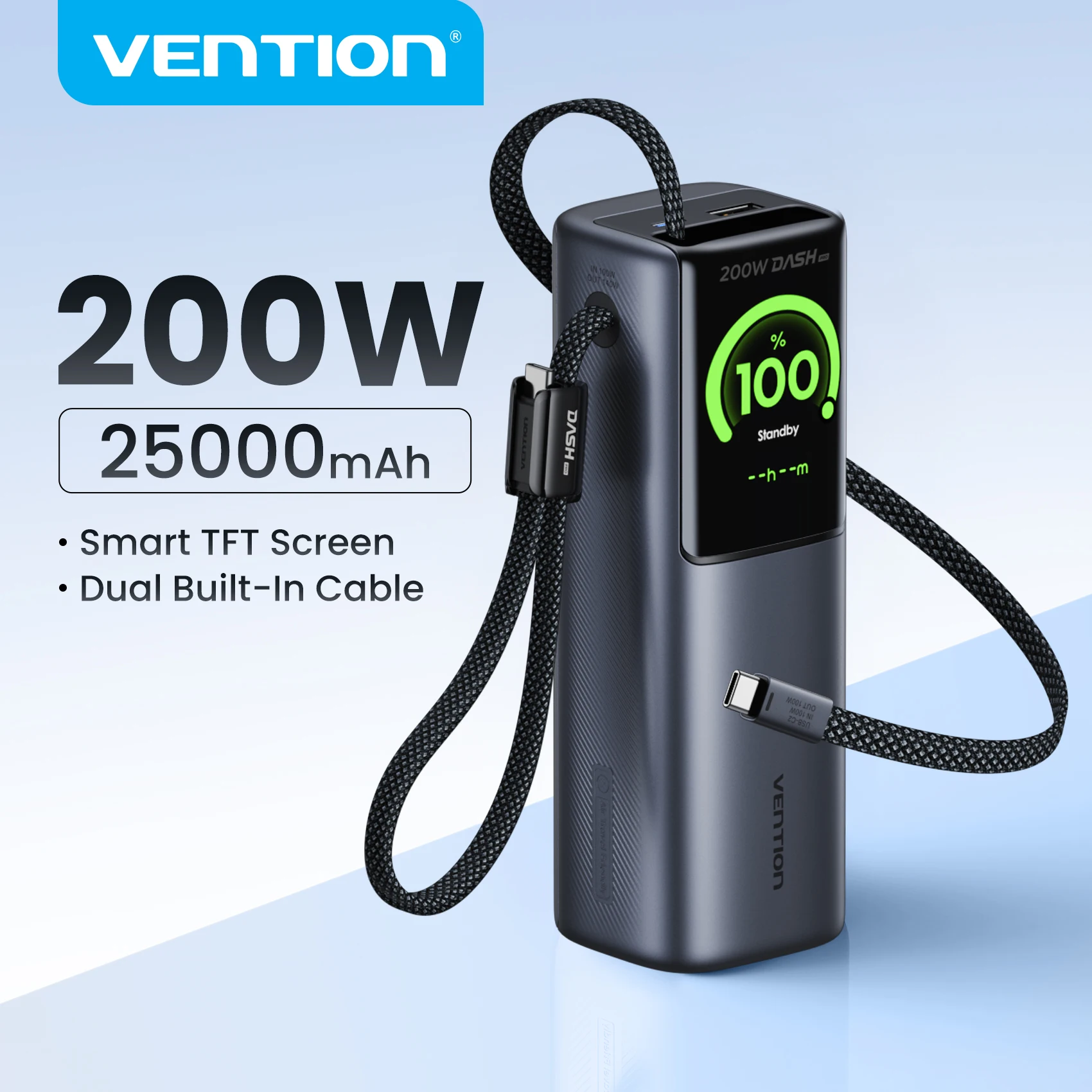 

Vention 200W 25000mAh Power Bank Retractable Cables Portable PD External Battery PowerBank for Laptop Macbook Pro Fast Charge