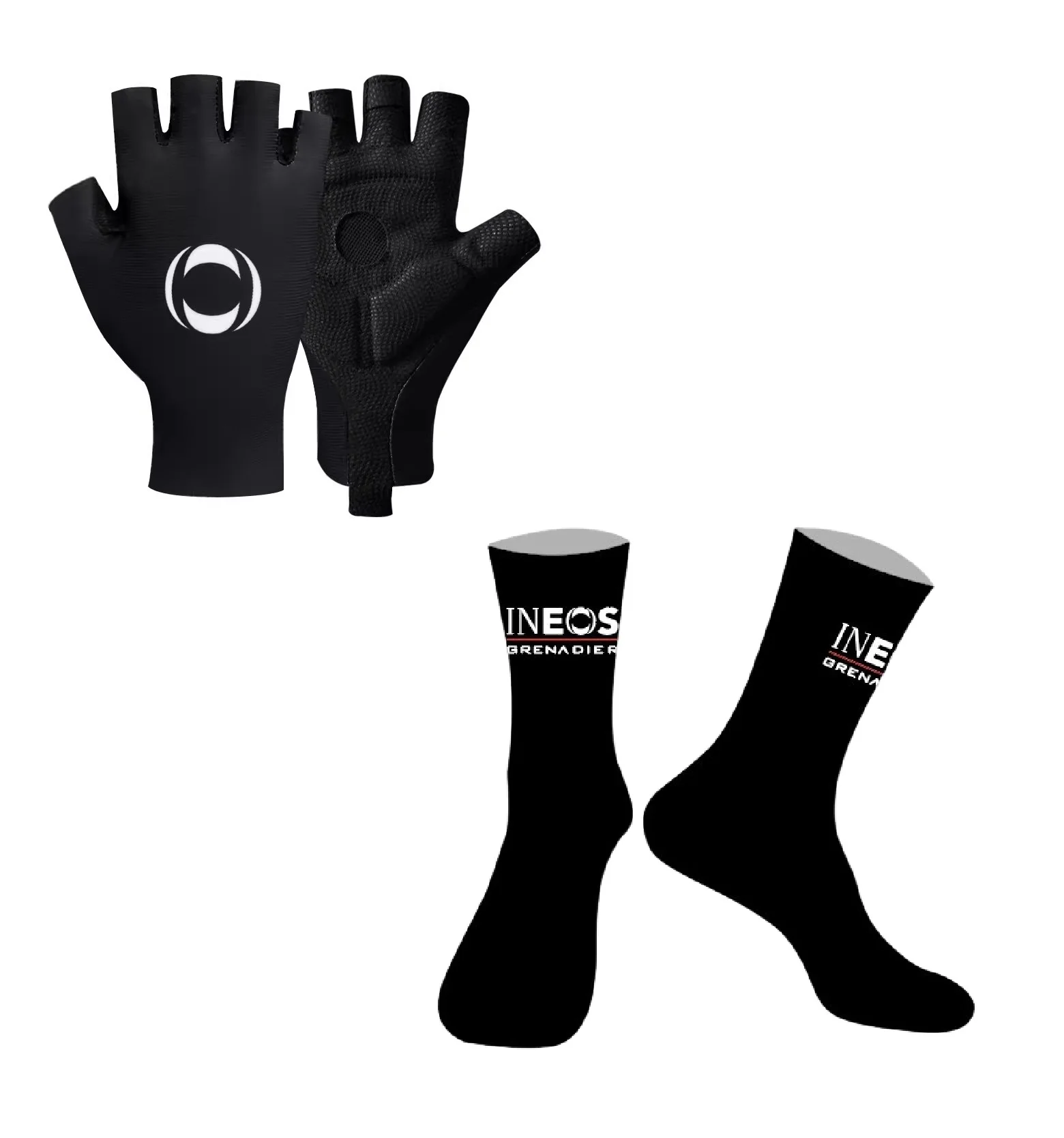 

ЧЕРНАЯ команда INEOS GRENADIERS 2025 года, одна пара велосипедных перчаток с половиной пальца + ОДНА ПАРА ВЕЛОСИПЕДНЫХ НОСКИ