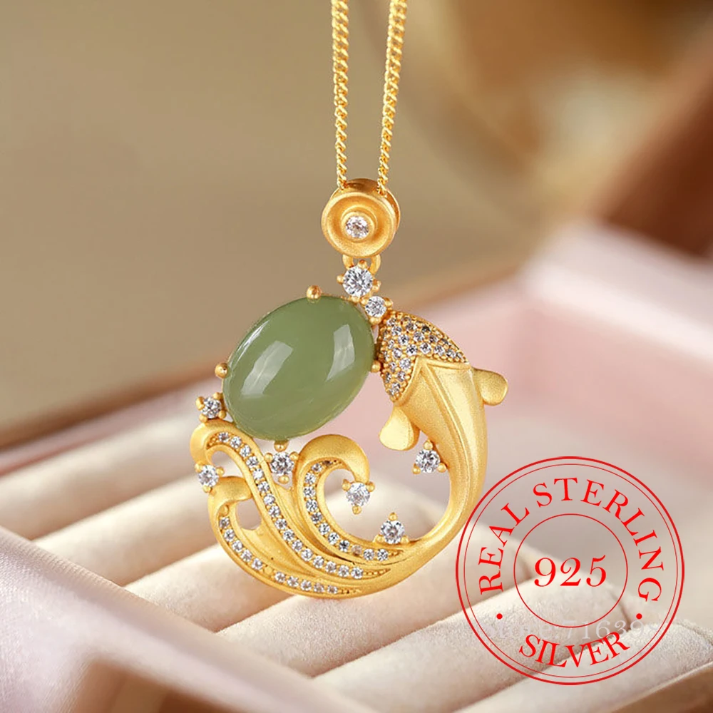 

925 Sterling Silver Jewelry 18K Crystal Fish Natural Jade Necklace Pendant for Women Wedding Party Jewelry For Girls Friend Gift