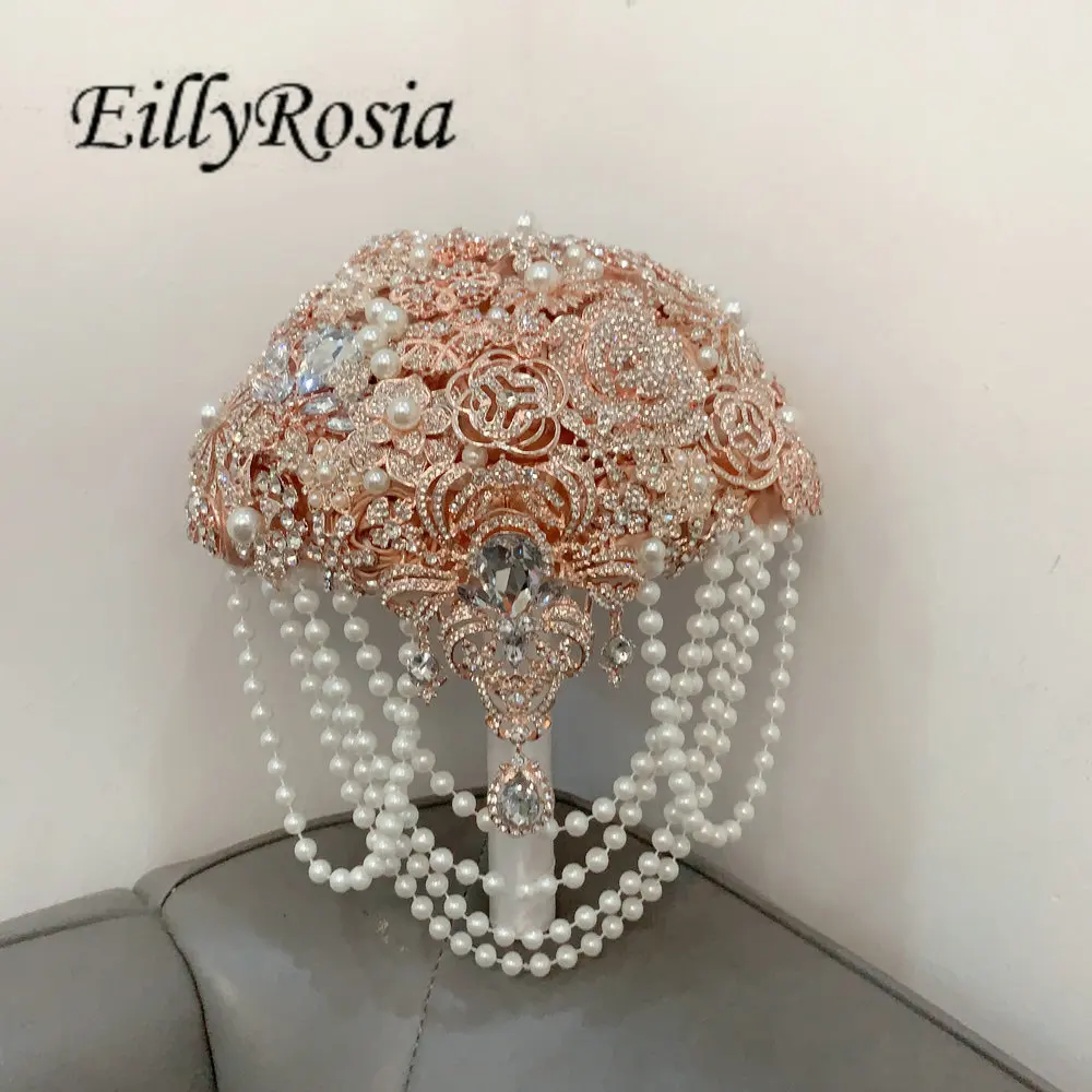 EillyRosia Rose Gold Luxurious Brooch Wedding Bouquet with Pearls Tassel Crystals Sparkly Bling Bridal Bouquet New Arrival