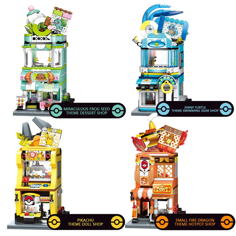 Pokemon Pikachu-Claw Crane Game Shop Building Blocks Charizard Squirtle Bulbasaur Model Educational Toys For Kids Holiday Gifts