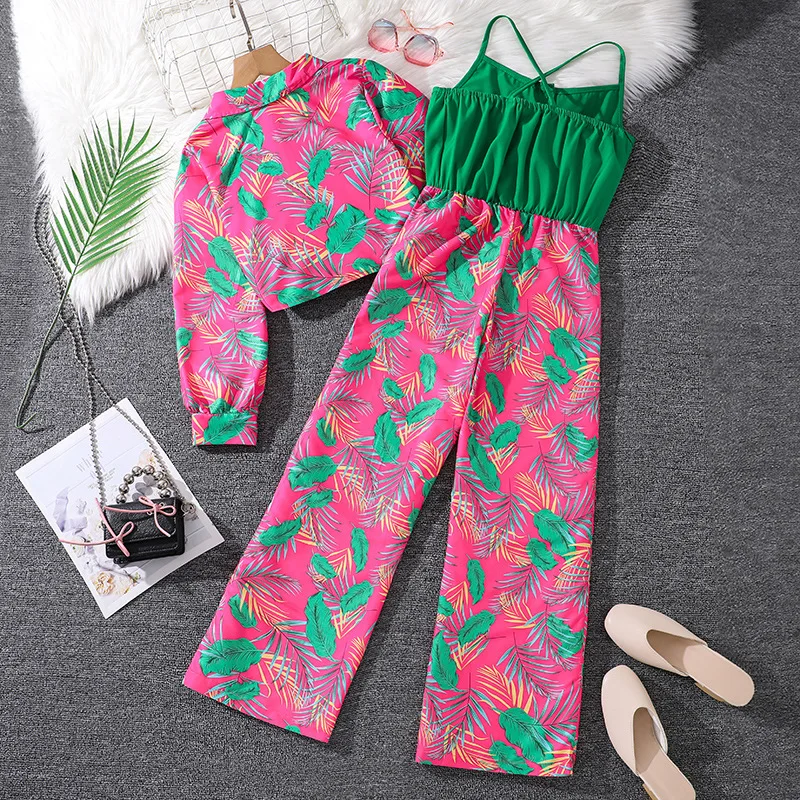 2024 New Clothing Set Girls Long Sleeve Print Leaves T-shirt Green Patchwork Rompers 2 Pcs Sets Casual Girls Clothes Set 8-12T