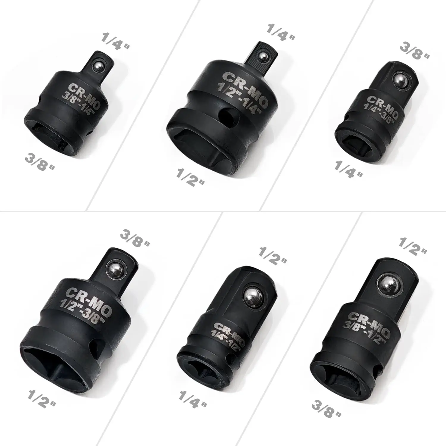 6個入りインパクトソケットアダプターセット 1/4インチ 3/8インチ 1/2インチ クロムバナジウム鋼 ラチェットキット (ブラック)