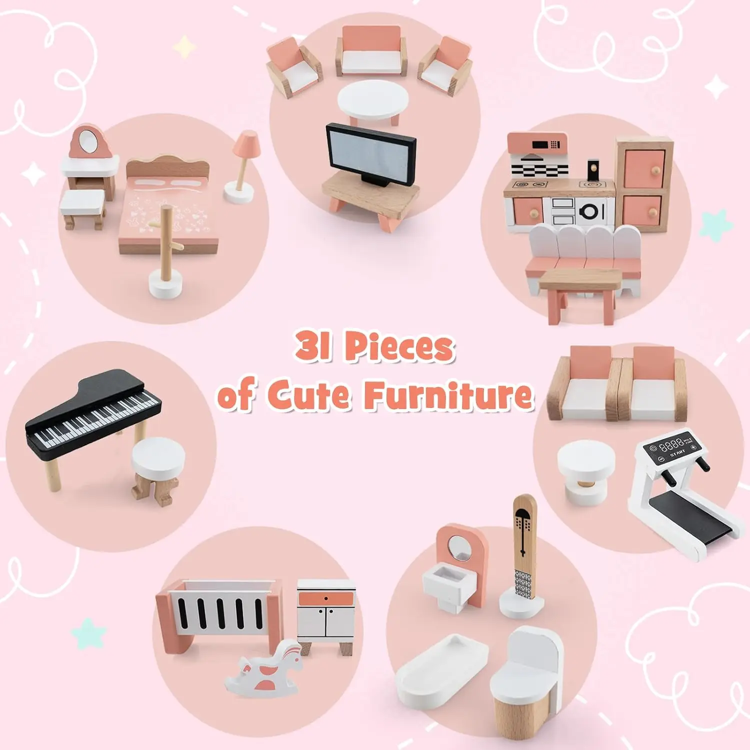 บ้านตุ๊กตา, ชุดตุ๊กตาไม้พร้อม/7 ห้อง, อุปกรณ์เสริม 31 ชิ้นและเฟอร์นิเจอร์จิ๋ว, ชุดของเล่นแกล้งทําเป็น, ตุ๊กตาใหญ่ 2.8 ฟุต H